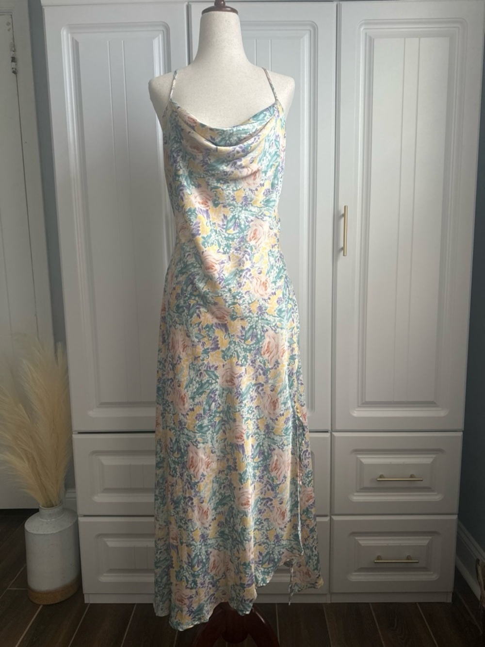 ASTR the Label Gaia Floral Midi Slip Dress Pastel Cowl Neck EUC